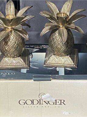 Godinger Gold-Tone Pineapple Candle Holders, Pair silver plate distressed